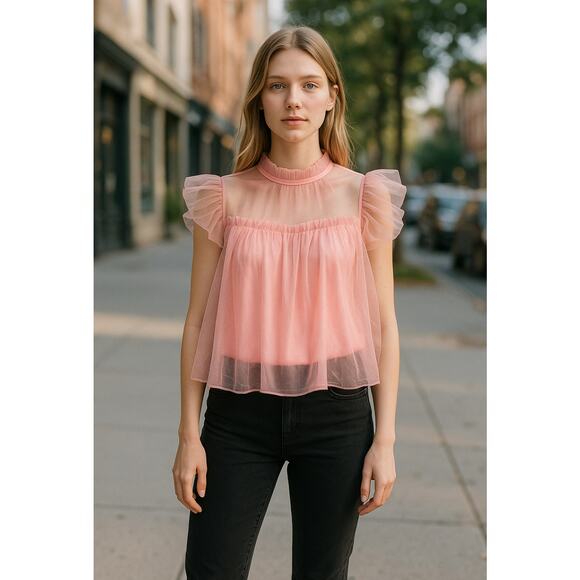 Bibi Flutter Sleeve High Neck Chiffon Blouse Top Pink Women's Size Medium NWT - Picture 1 of 6